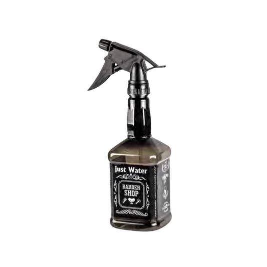 A black Yaz Collections 500ml JS0528 spray bottle by JS Organics with a metallic nozzle labeled 'Just Water Barber Shop' in a brownish-bottle style design.