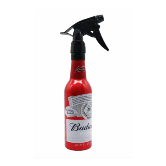 Yaz Collections ALU 355ml JS0526 Red spray bottle by JS Organics, with a black trigger, labeled 'Budweiser'