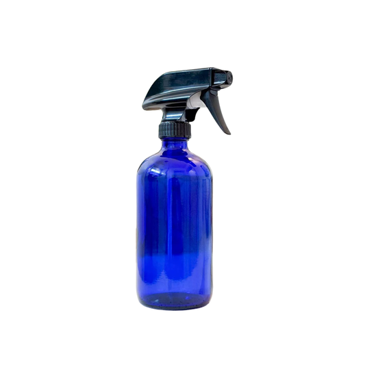 A Yaz Collections JS0534 450ml Blue spray bottle by JS Organics with a black nozzle on a white background