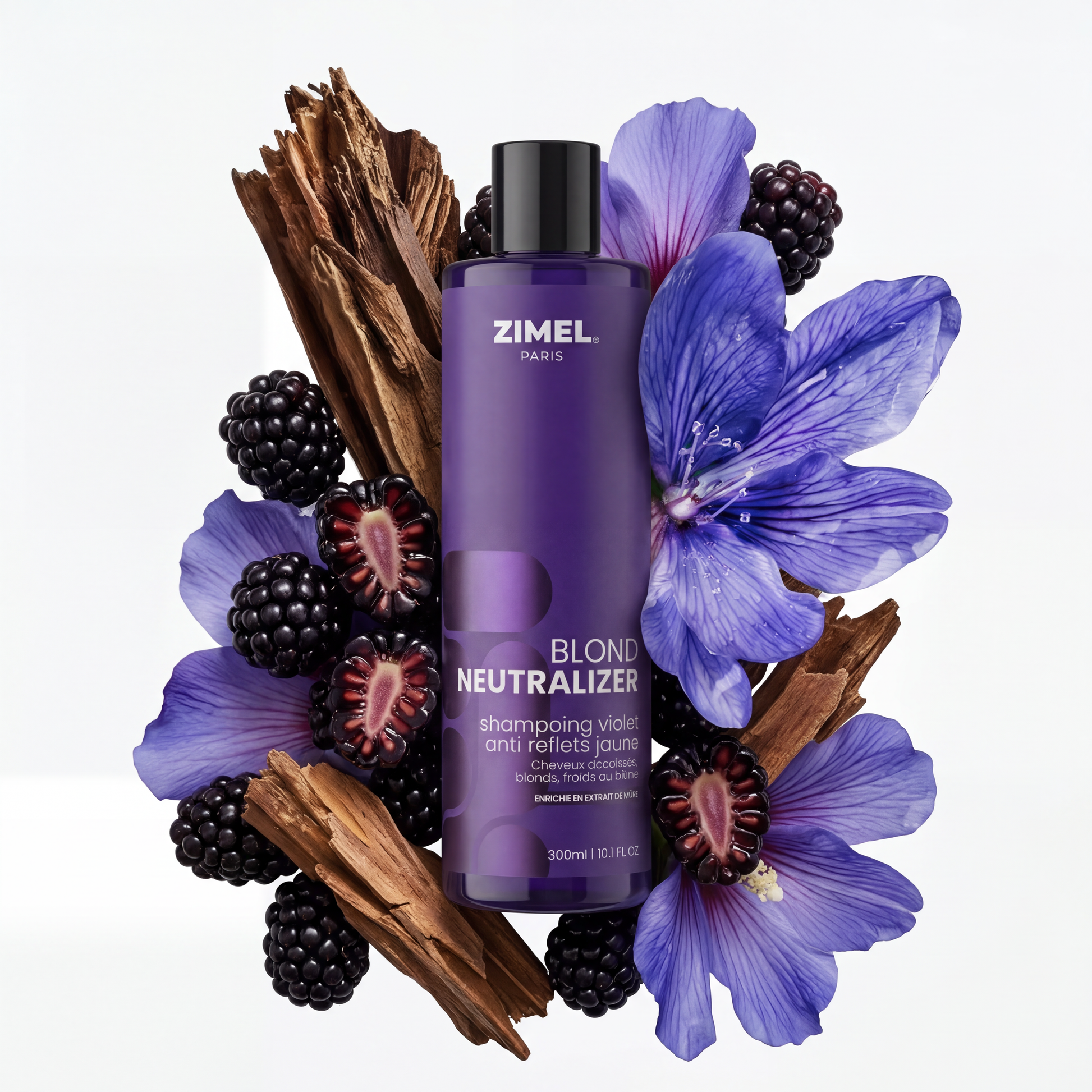Zimel Paris BLOND NEUTRALIZER Shampoing Violet Anti Reflets Jaune 300ml bottle by JS Organics surrounded by purple flowers and blackberries on a white background
