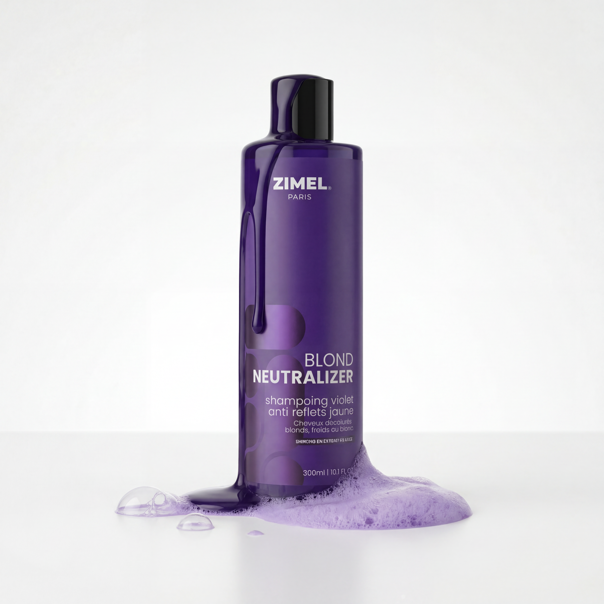 Zimel Paris BLOND NEUTRALIZER Shampoing Violet Anti Reflets Jaune 300ml bottle by JS Organics with bubbles on a white background