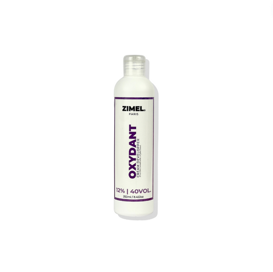 A bottle of Zimel Paris Oxydant Crème 40VOL by JS Organics, which is a hair developer product.