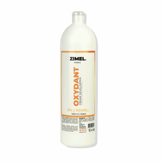 Bottle of Zimel Paris Oxydant Crème 10VOL 1L, by JS Organics. which is a hair coloring product designed for permanent or moderate lightening of white hair.