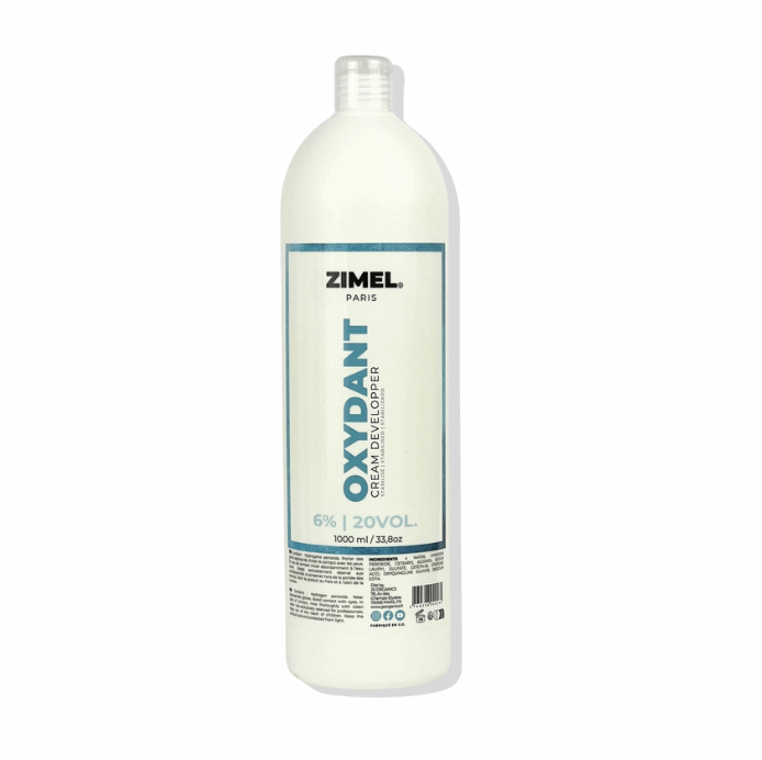 Bottle of Zimel Paris Oxydant Crème 20VOL 250ml, by JS Organics. which is a hair coloring product designed for permanent or moderate lightening of white hair.