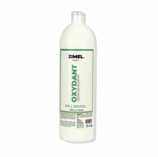 Bottle of Zimel Paris Oxydant Crème 30VOL 1L, by JS Organics. which is a hair coloring product designed for permanent or moderate lightening of white hair.