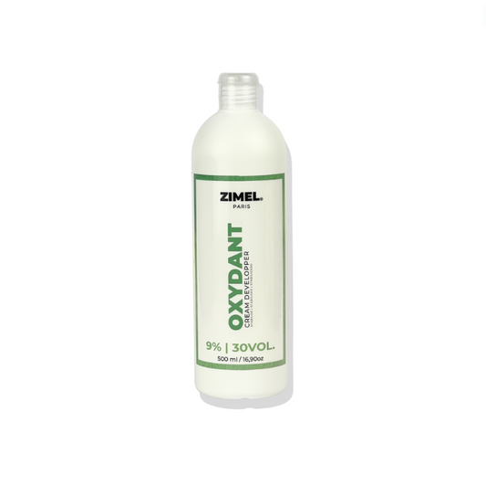 Bottle of Zimel Paris Oxydant Crème 30VOL 500ml, by JS Organics. which is a hair coloring product designed for permanent or moderate lightening of white hair.
