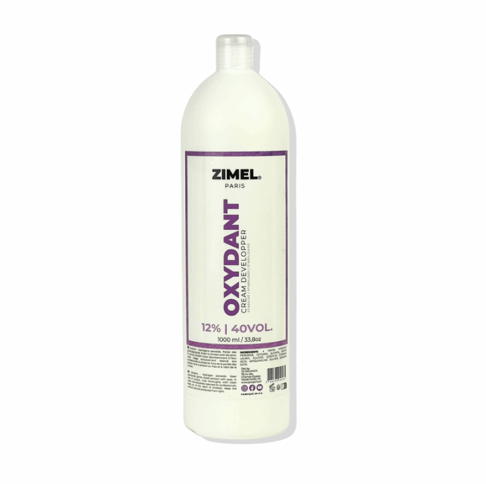 Bottle of Zimel Paris Oxydant Crème 40VOL 1L, by JS Organics. which is a hair coloring product designed for permanent or moderate lightening of white hair.